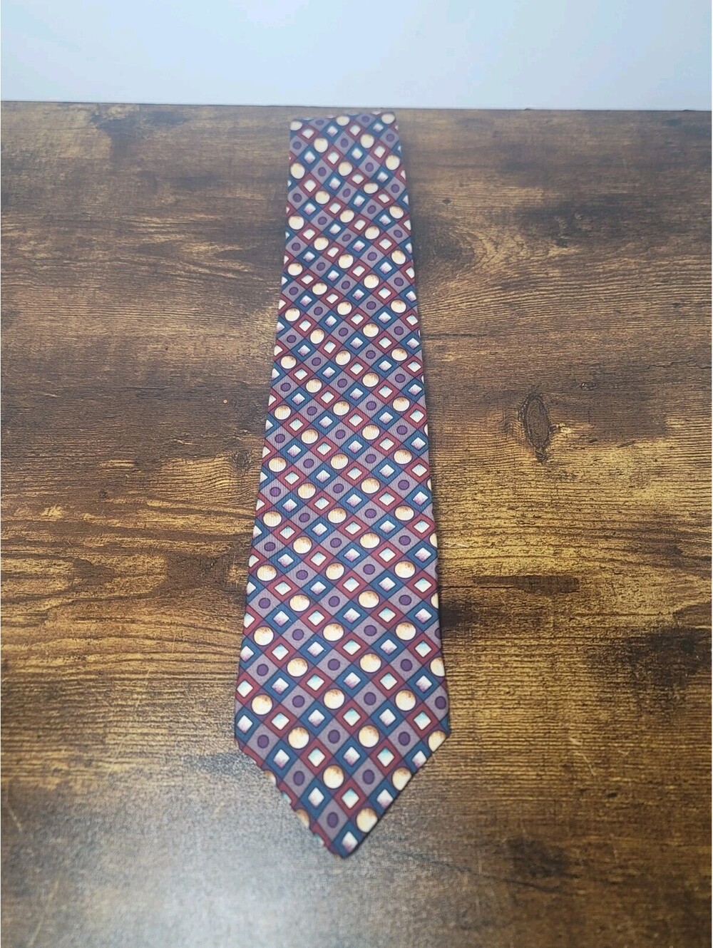 Vintage Tabasco Tie Multicolor Geometric Design Teal Burgundy Purple Yellow Grey